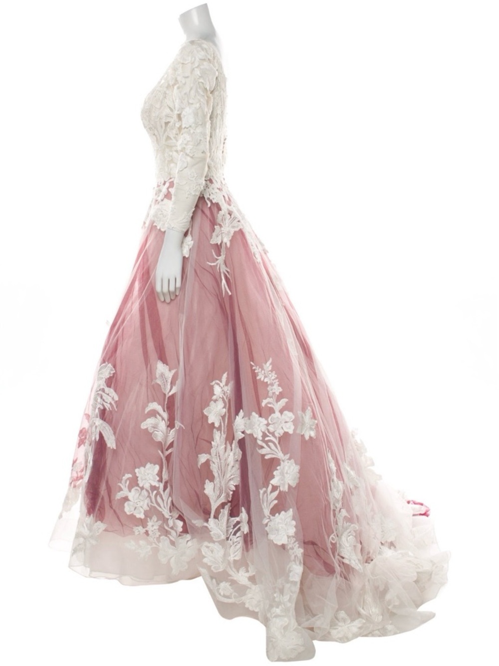 Justin Alexander Lace Pattern Long Dress With Pink/Bugundy Underlay & Ivory(TRR) - Picture 2 of 15